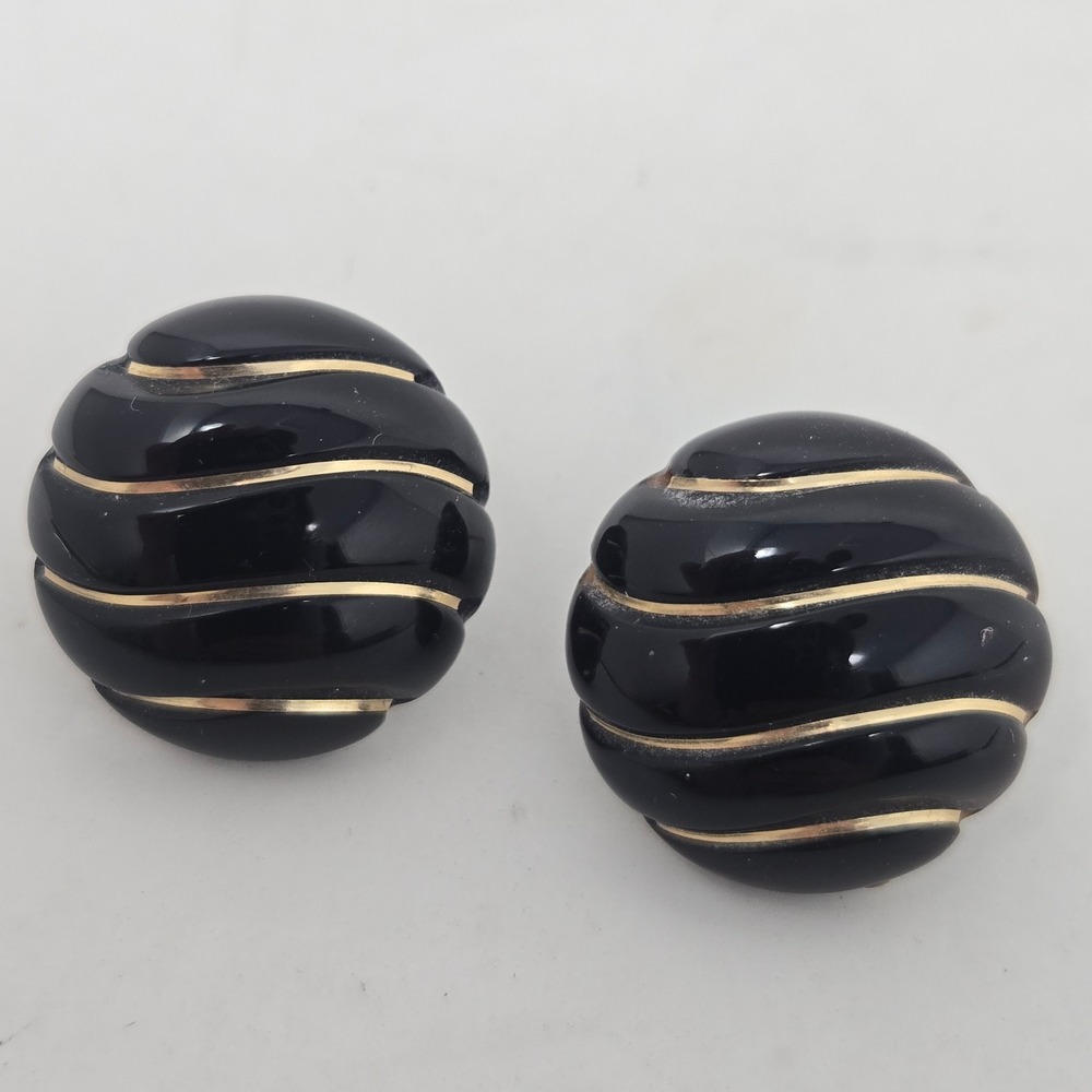 Vintage 14K Gold Post Black Ribbed Scalloped Round Button Stud Earrings 0.75in